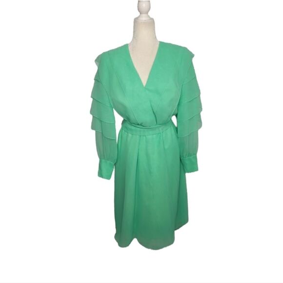 VINTAGE 60s dress chiffon mint green tiered puff sleeve hostess S - Picture 1 of 16